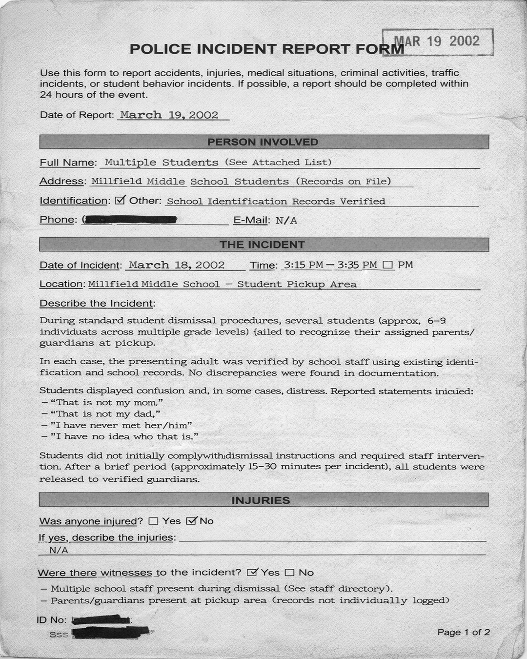 Internal archive copy of a police incident report filed March 19, 2002